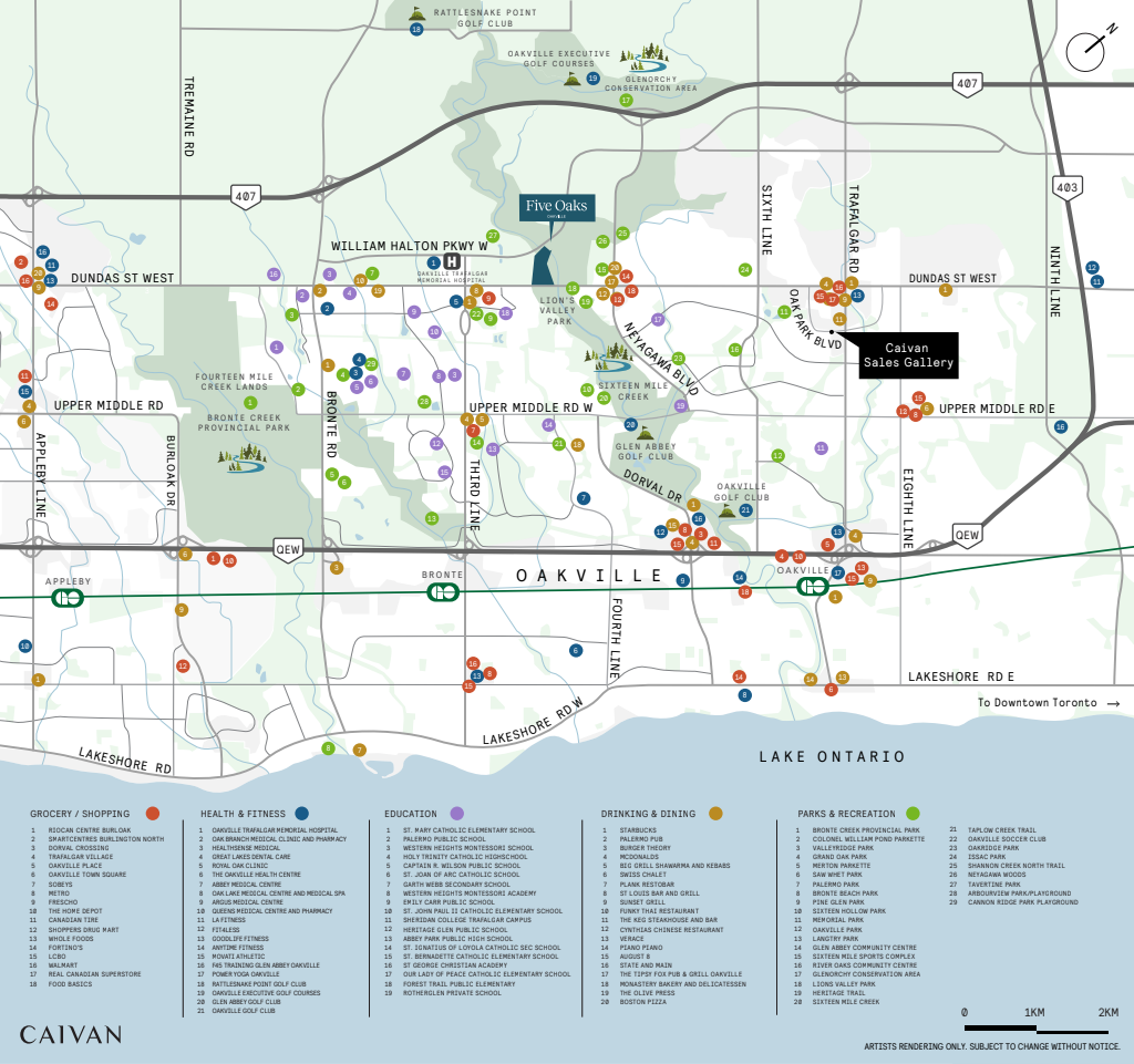 Five Oaks amenity map with numbered shopping, health, education, dining and parks